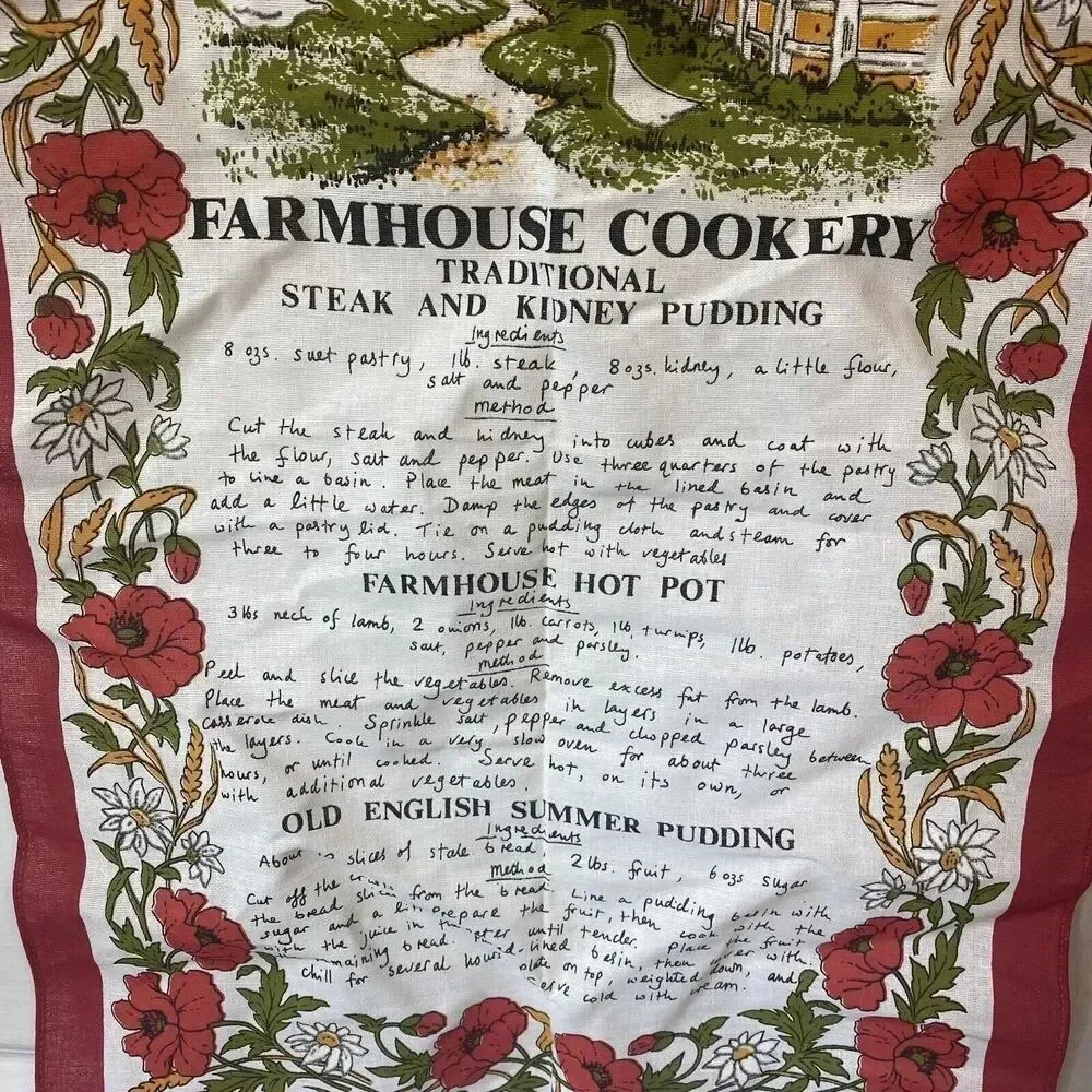 VTG Irish Tea Towel HOME MADE Farmhouse RECIPE Hot Pot Pudding Cotton Kitchen
